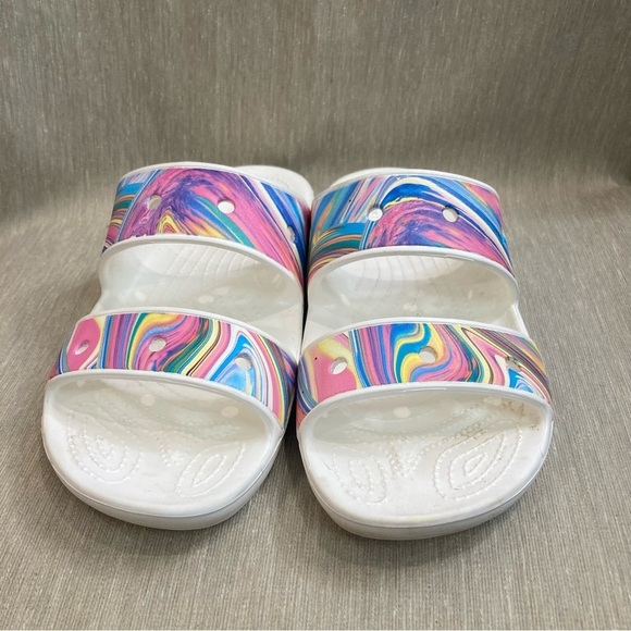 CROCS Sz 9 Out of this World Cloud Swirl Watercolour Slides Slip On Sandals - Picture 3 of 11